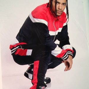 ORIGINAL FABLES Men’s Current Mood Velour Jogger Outfit Red White and Black